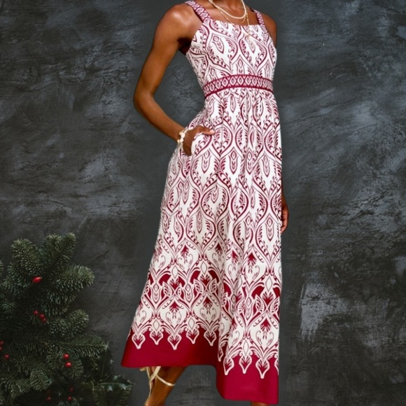 NWT Talbots Modern Poplin Fit & Flare Dress in White/Sangria Bohemian Medallion - Picture 3 of 16